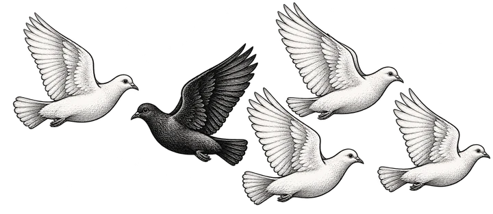 One black bird flying against a flock of white birds
