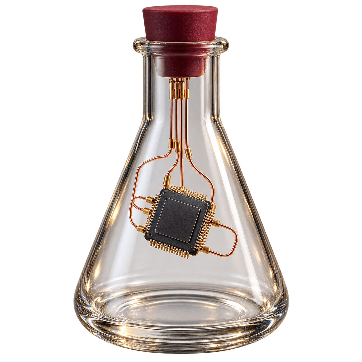 A glass laboratory flask containing a suspended silicon chip