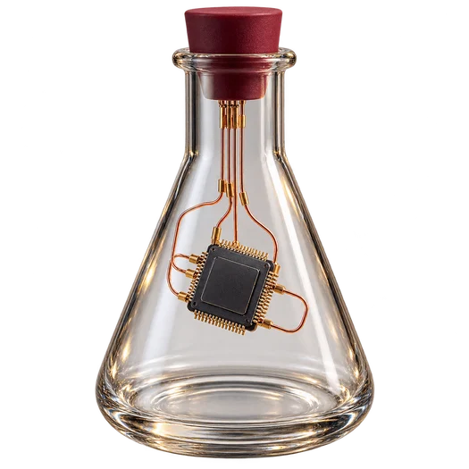 A glass laboratory flask containing a suspended silicon chip