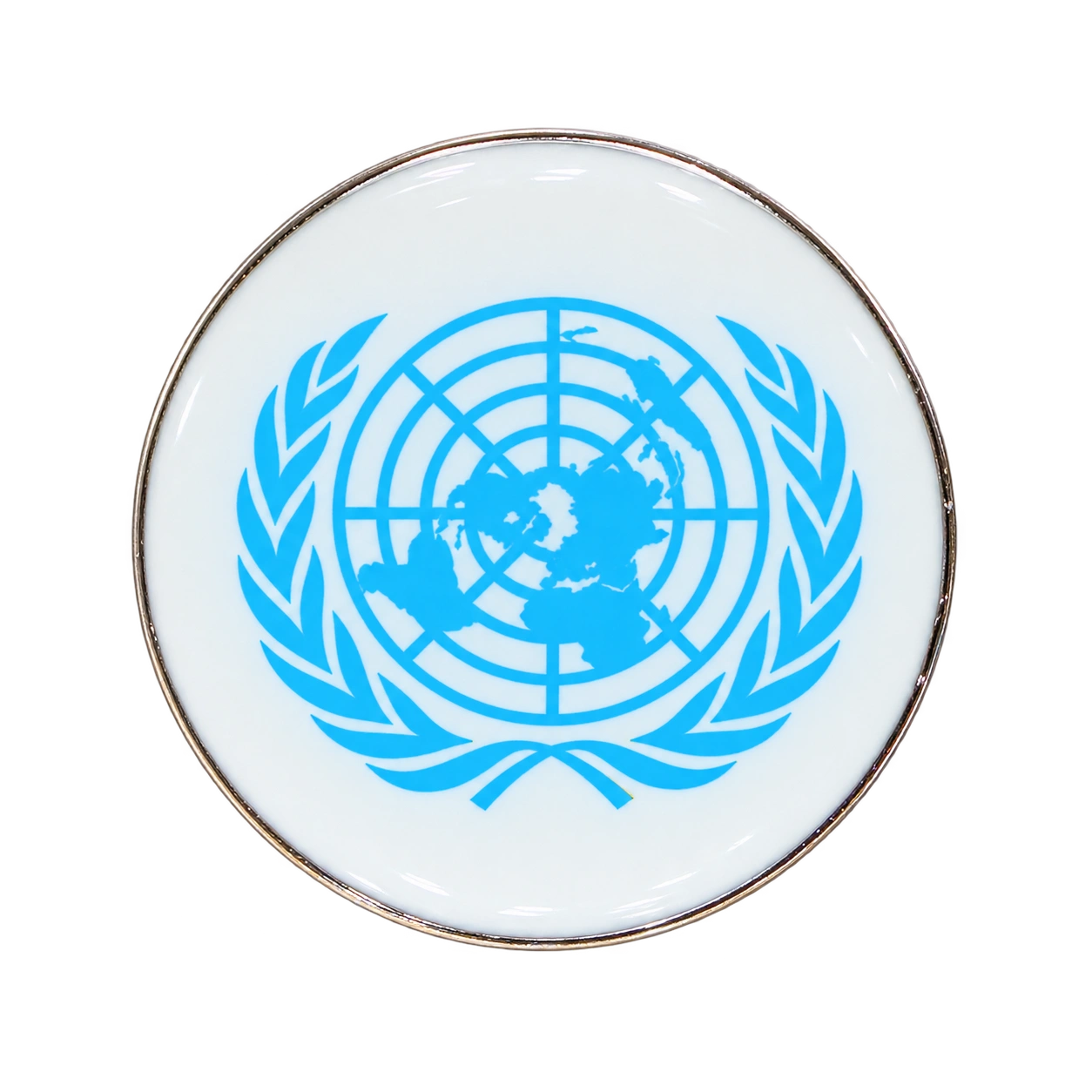 White enamel United Nations emblem pin