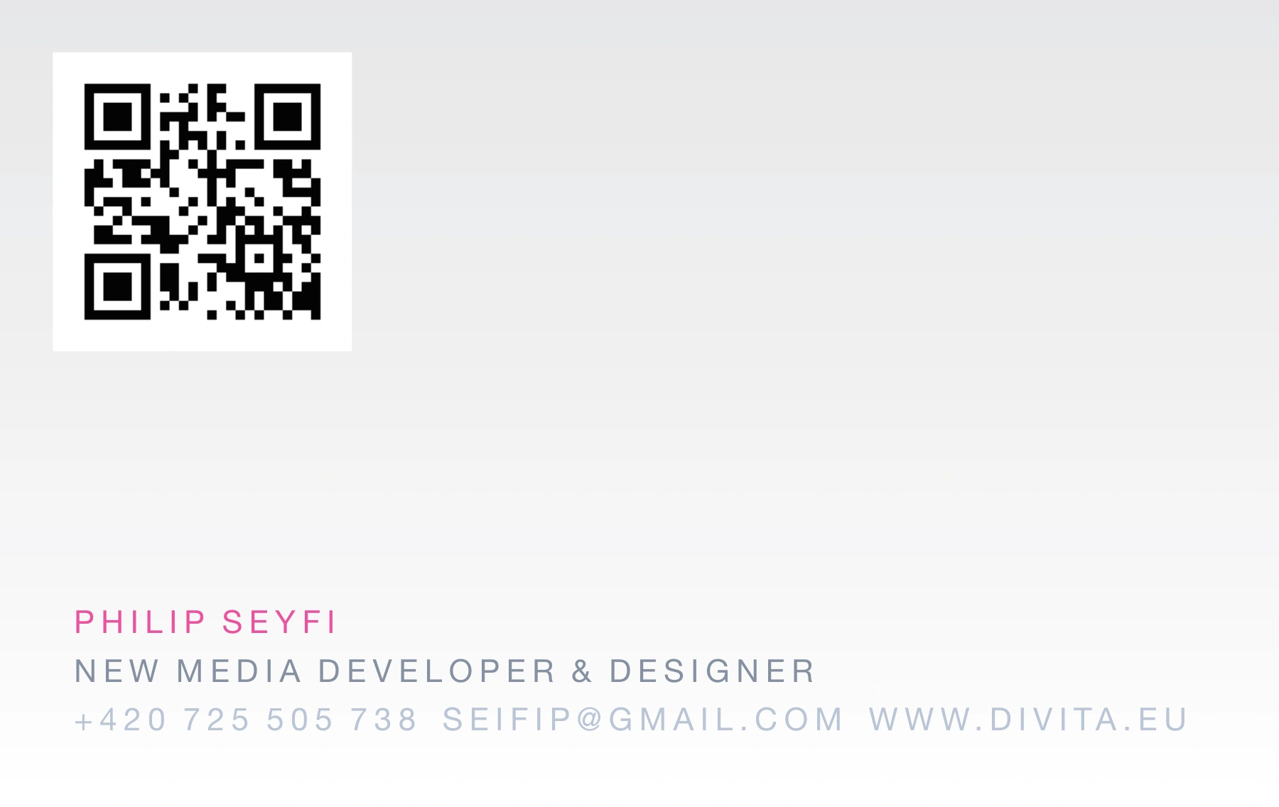 Original divita business card back, with its QR code and Philip Seyfi’s contact details