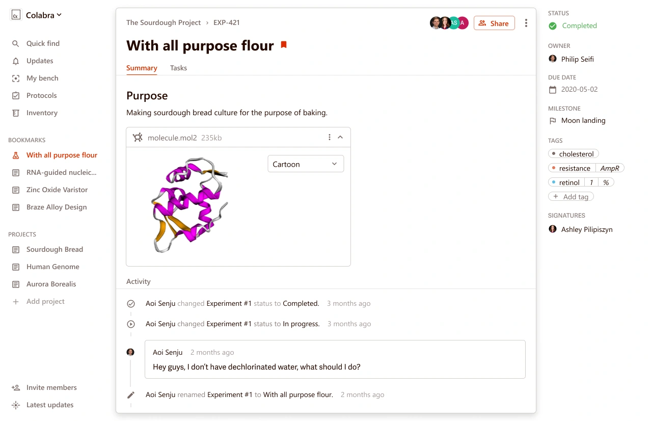 Colabra experiment editor with an embedded molecular structure, status, signatures and comments