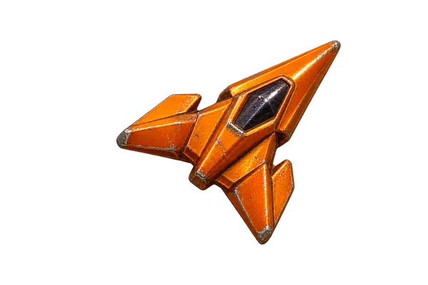 An orange ship from Frenzy interpreted as a small metal toy