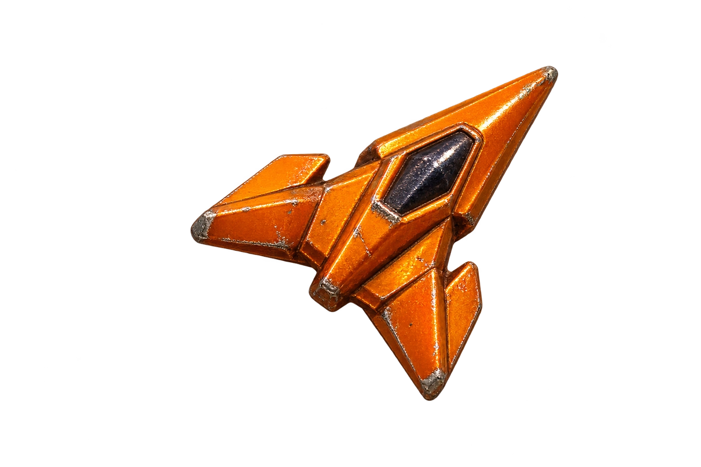 An orange ship from Frenzy interpreted as a small metal toy