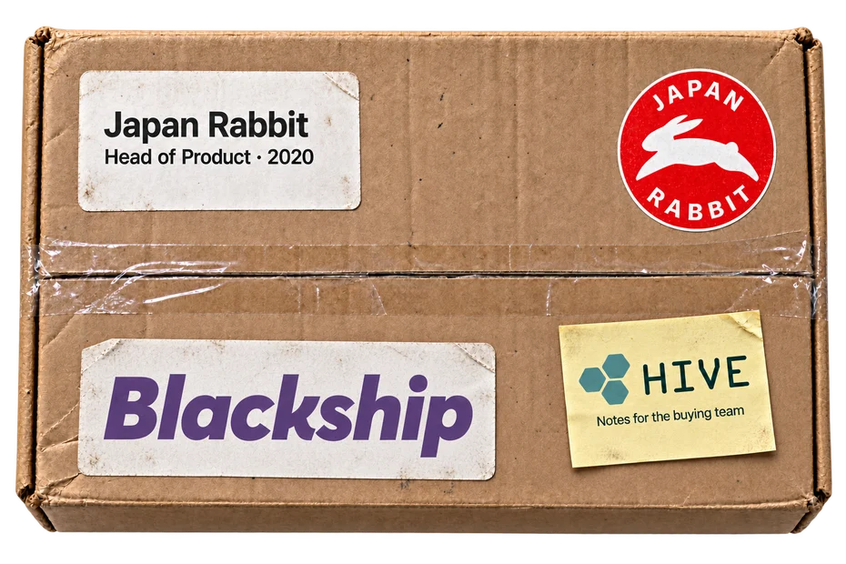 A brown parcel with Japan Rabbit, Blackship and Hive Notes labels