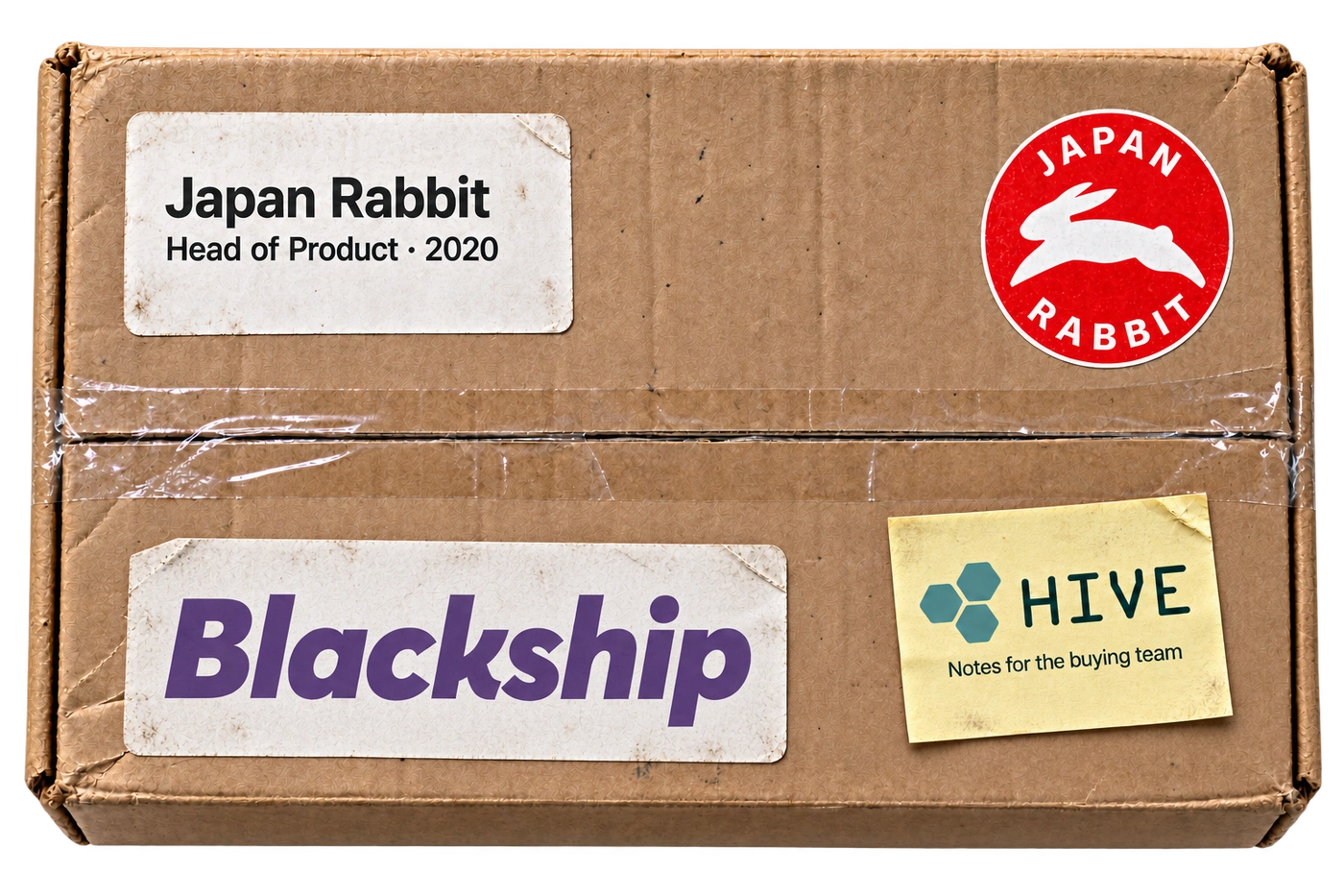 A brown parcel with Japan Rabbit, Blackship and Hive Notes labels