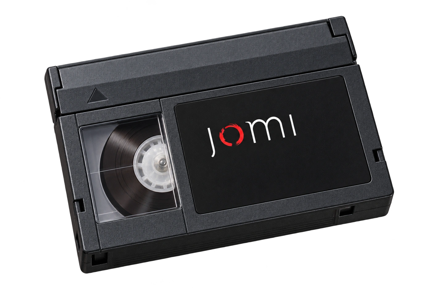 The JoMI mark on a miniature black video cassette