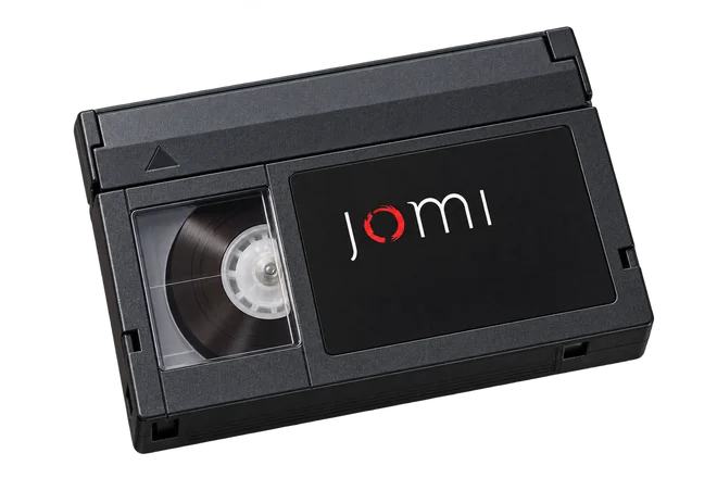 The JoMI mark on a miniature black video cassette