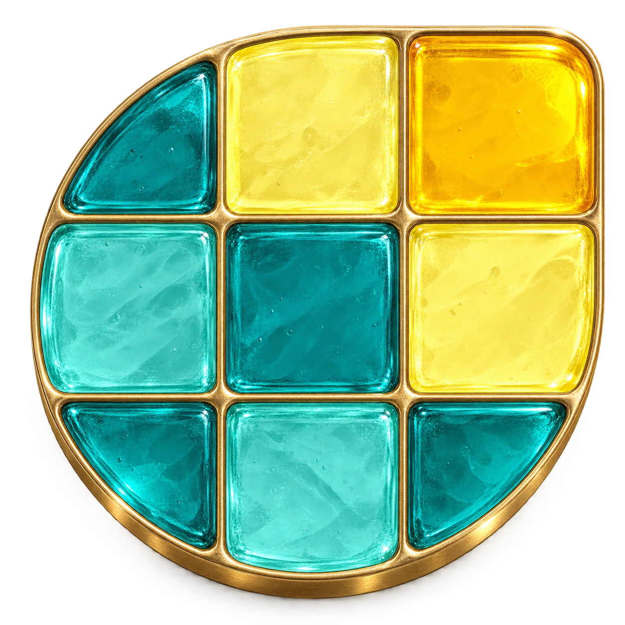 Leaf’s geometric leaf emblem in turquoise and yellow glass