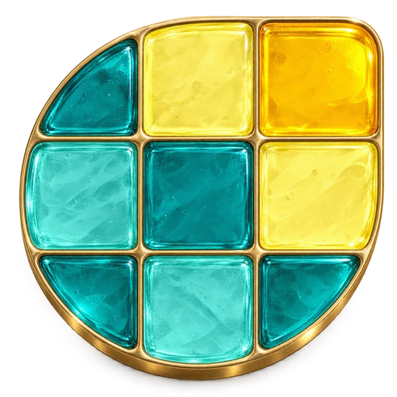 Leaf’s geometric leaf emblem in turquoise and yellow glass