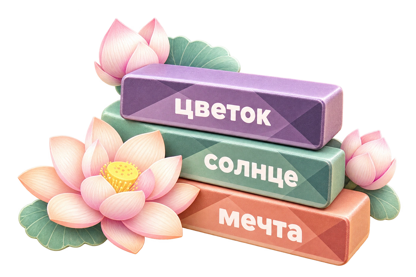 Softly coloured word blocks and lotus flowers from LinguaLift Blocks