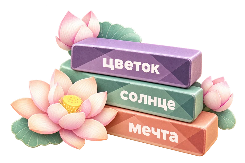 Softly coloured word blocks and lotus flowers from LinguaLift Blocks