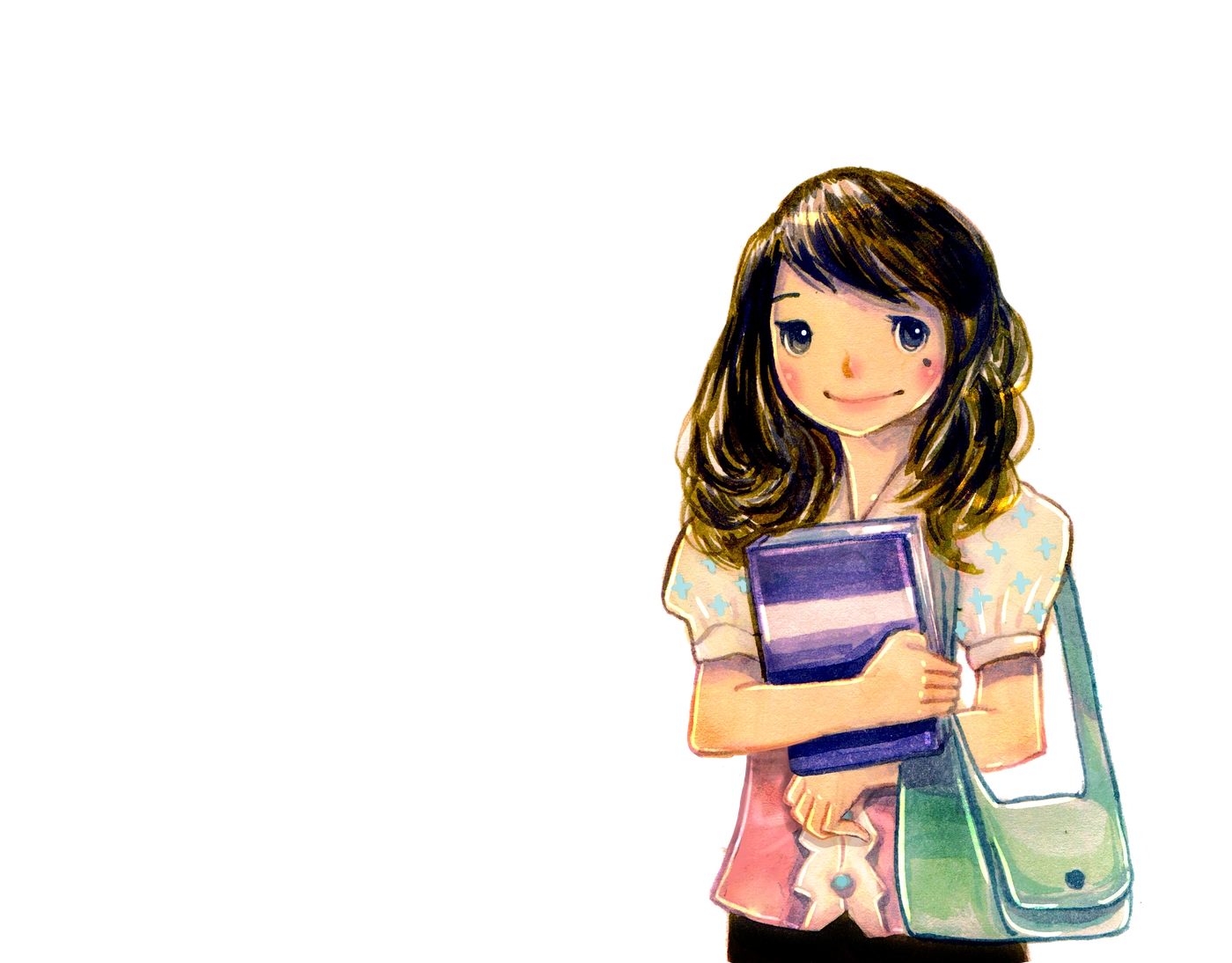 Hikari holding her purple books, from the original LinguaLift illustrations