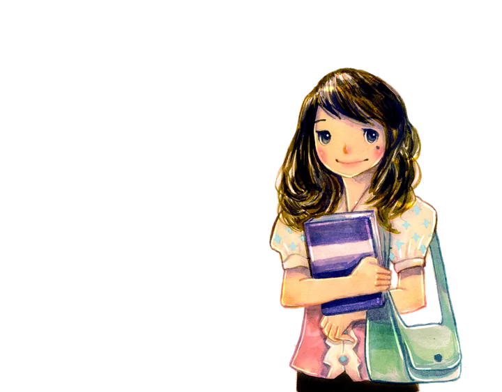 Hikari holding her purple books, from the original LinguaLift illustrations