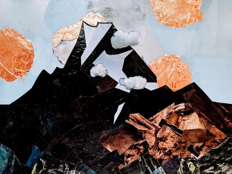 My collage of Machhapuchare, with black paper peaks and copper clouds