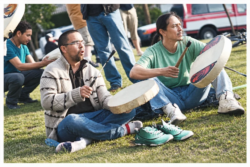 A print of drummers at the Vancouver May Day demonstration