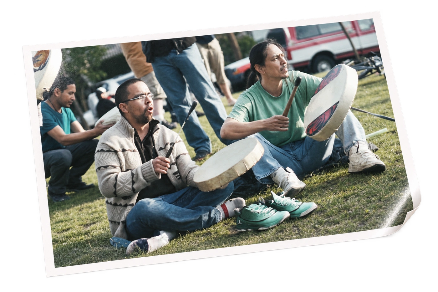 A print of drummers at the Vancouver May Day demonstration