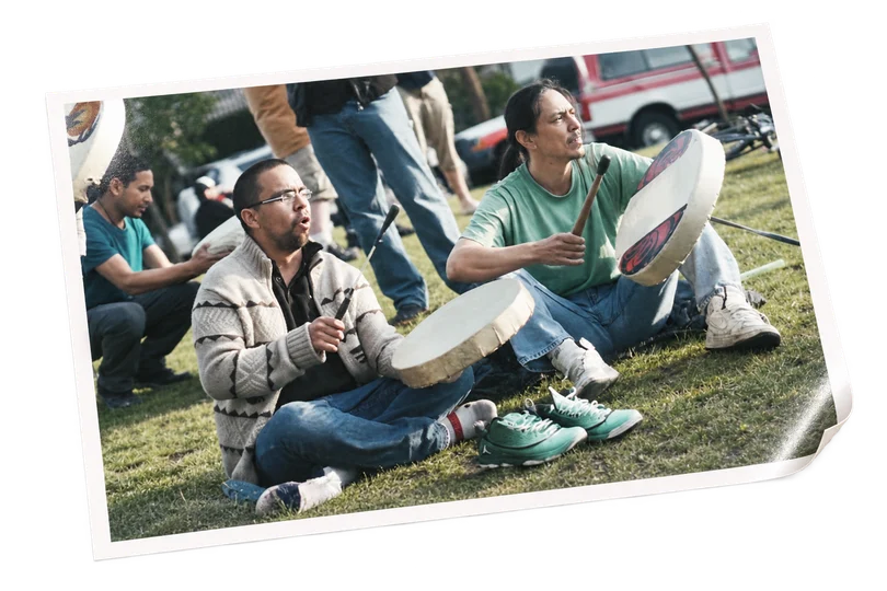 A print of drummers at the Vancouver May Day demonstration