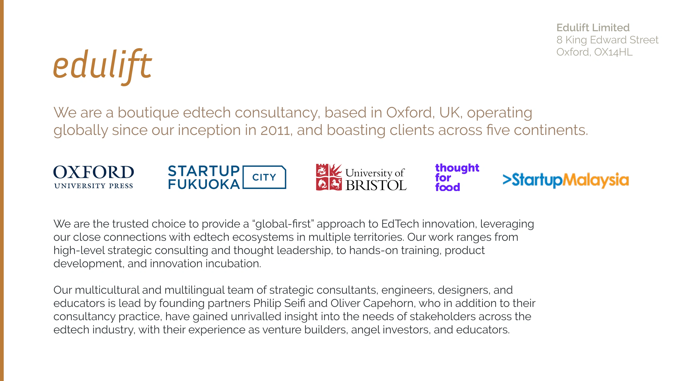 Original EduLift Consulting deck, page 1