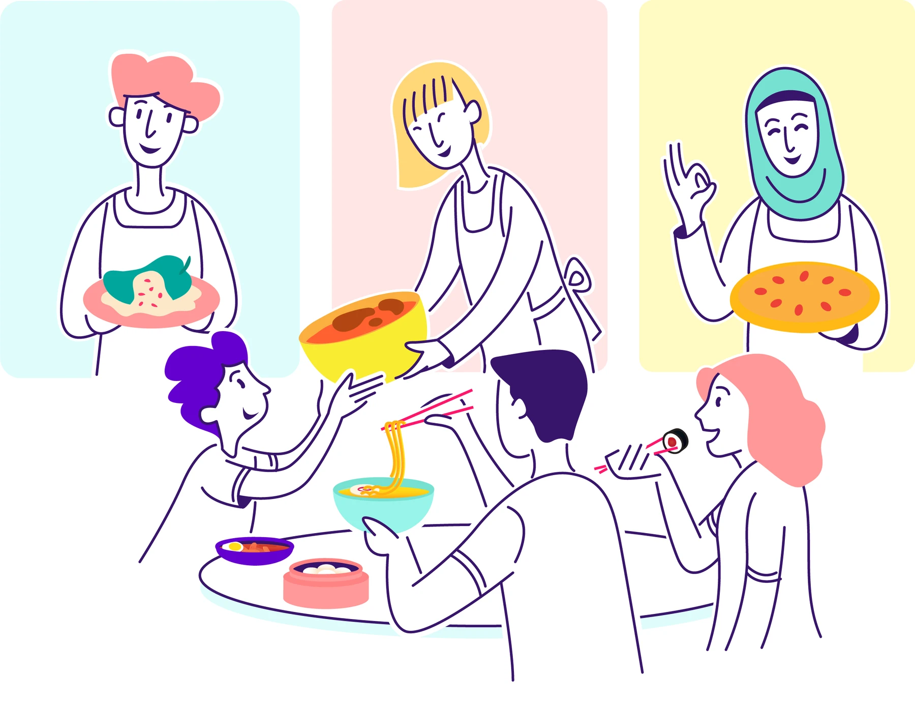 Finished Pona illustration: cooks in three portrait frames above people sharing a meal.