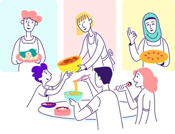 Finished Pona illustration: cooks in three portrait frames above people sharing a meal.