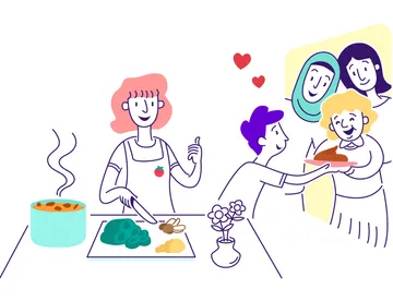 Finished Pona illustration: a cook chopping vegetables beside a pot and sharing food with others.