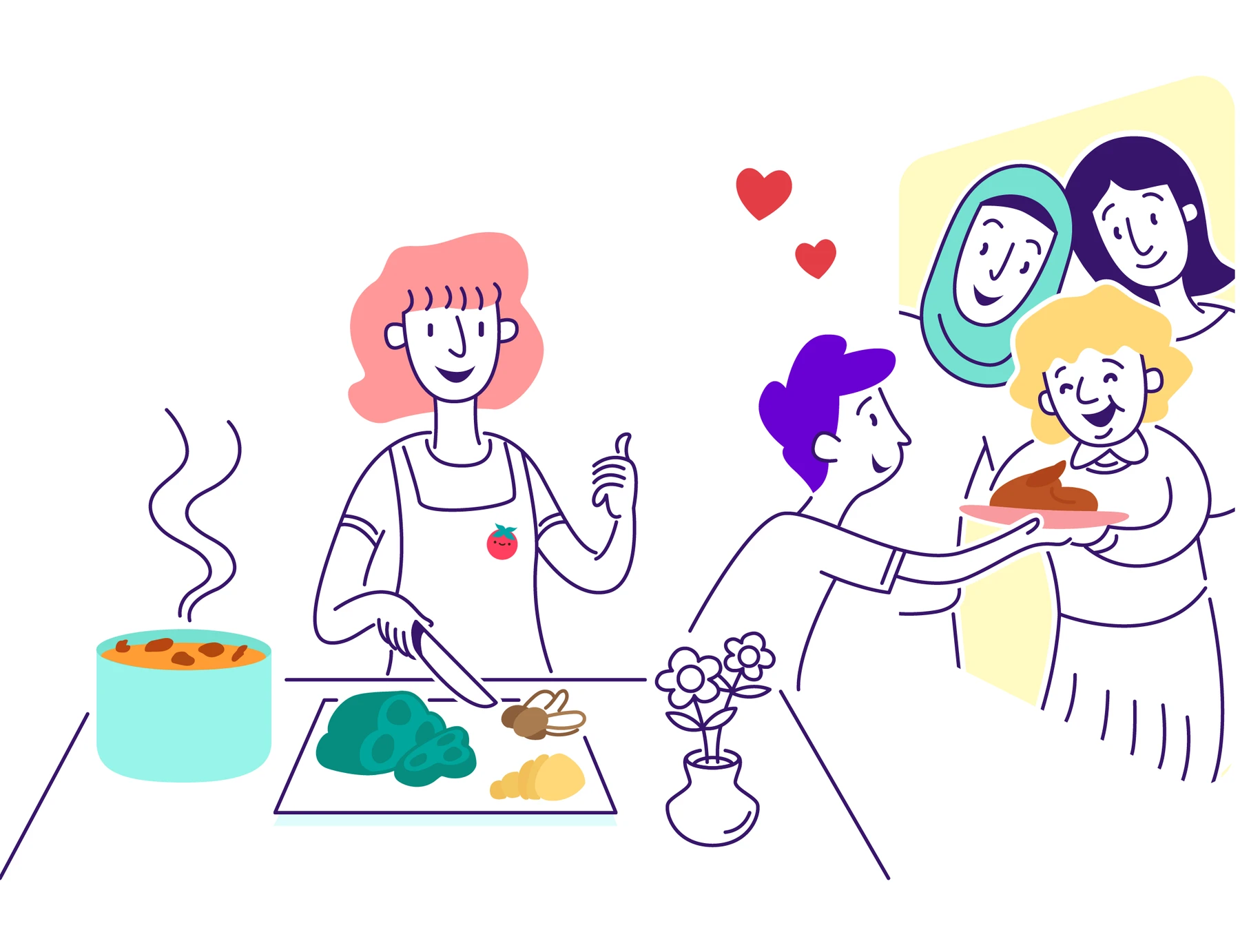 Finished Pona illustration: a cook chopping vegetables beside a pot and sharing food with others.