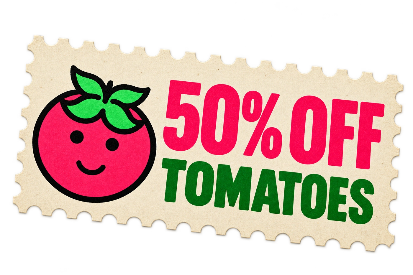 A perforated tomato-discount coupon with Pona’s pink mascot