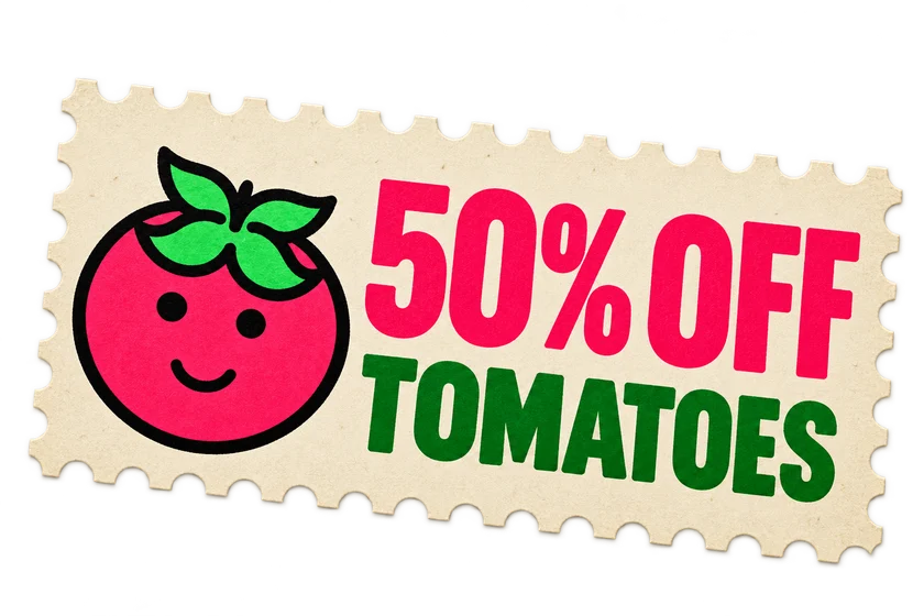 A perforated tomato-discount coupon with Pona’s pink mascot