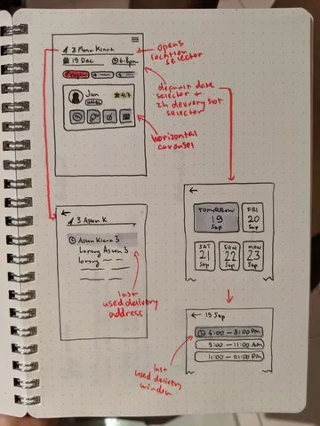 Hand-drawn Pona interface screens, delivery choices and ordering flows.