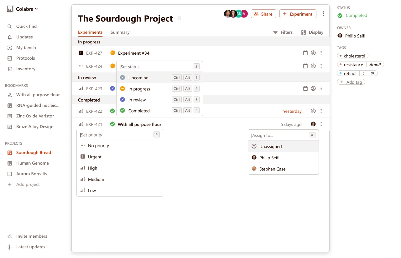 Colabra research project with experiments organised in a table