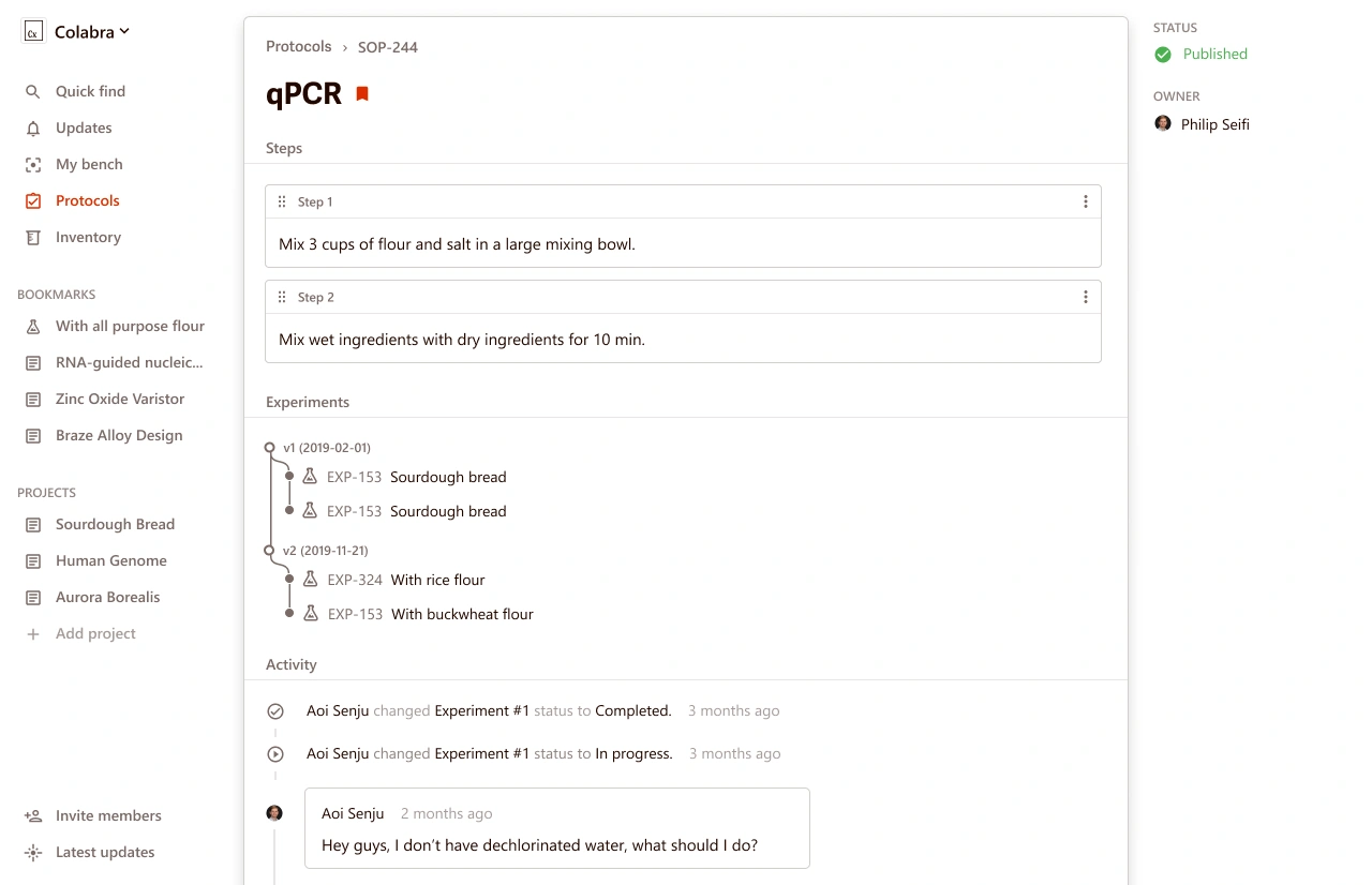 Colabra protocol with reusable steps, version history and linked experiments