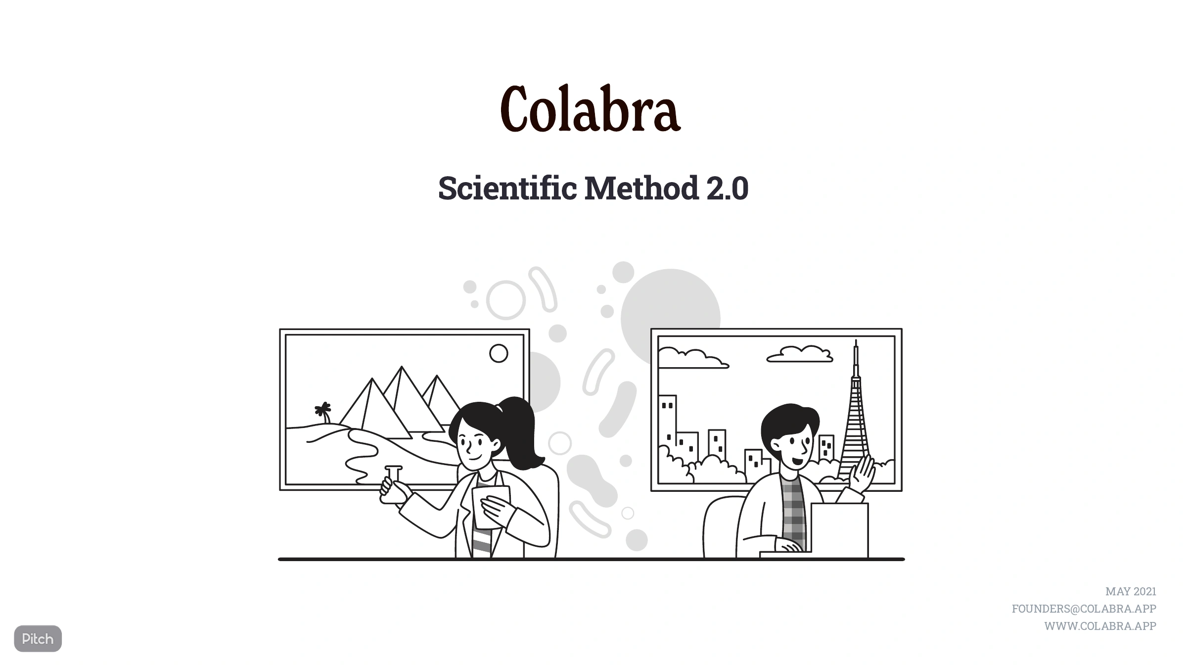Colabra Scientific Method 2.0 pitch-deck cover with an illustration of scientists collaborating across countries