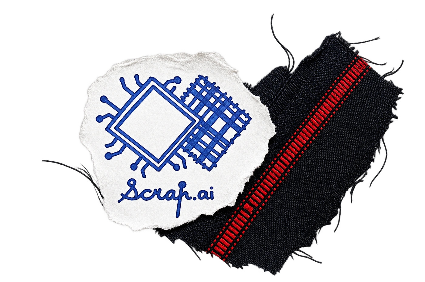 Scrap.ai’s hand-drawn chip-and-weave logo with a frayed red-and-black fabric scrap
