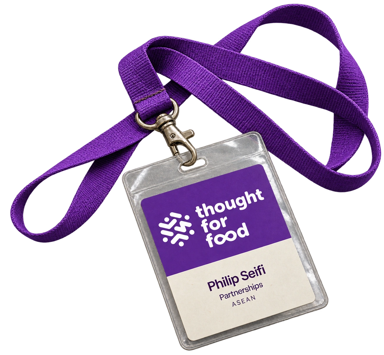 A purple Thought For Food lanyard with the official logo