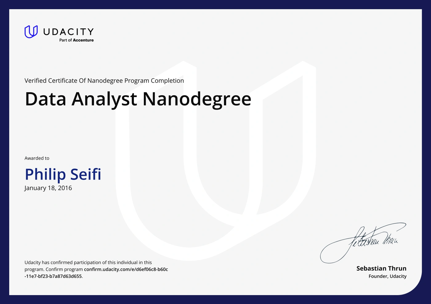 Original Data Analyst Nanodegree certificate, awarded January 18, 2016