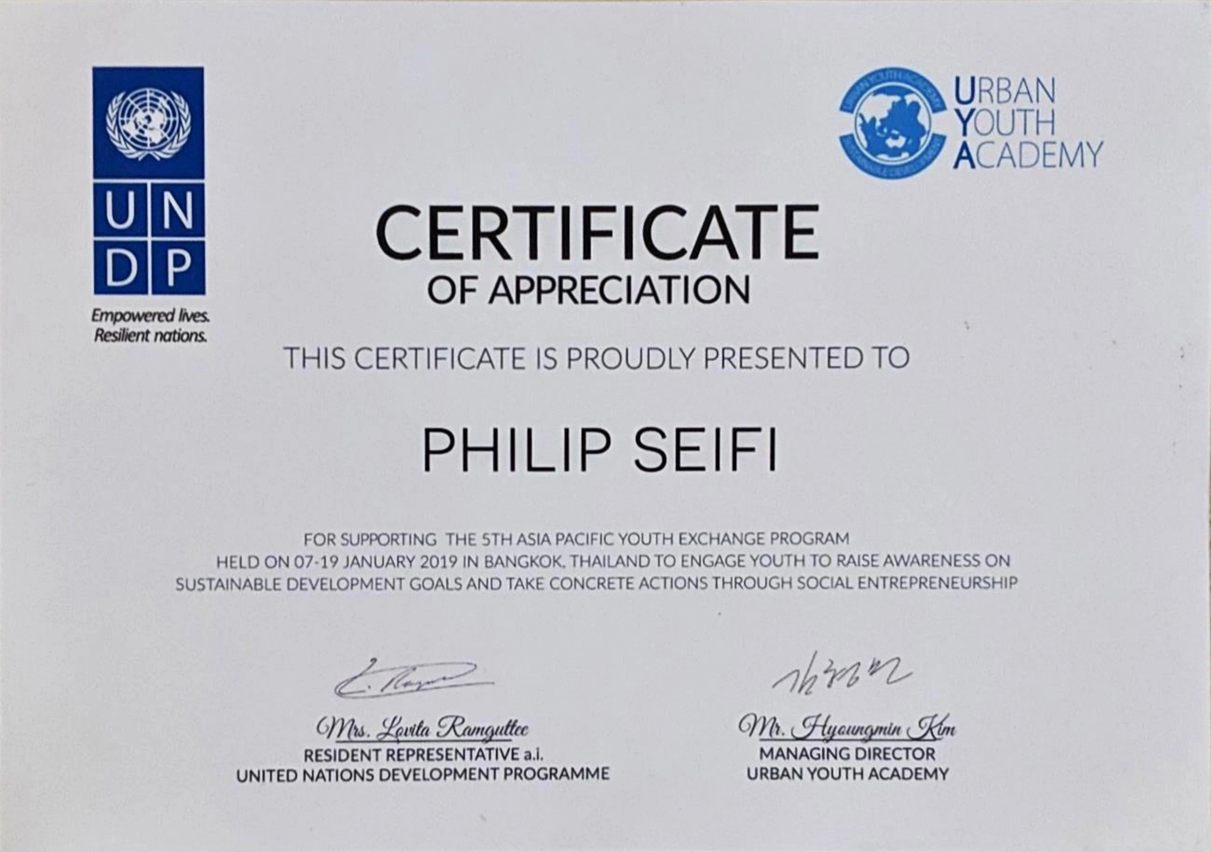 Original certificate of appreciation presented to Philip Seifi for supporting the fifth Asia Pacific Youth Exchange, held January 7–19, 2019 in Bangkok, Thailand.