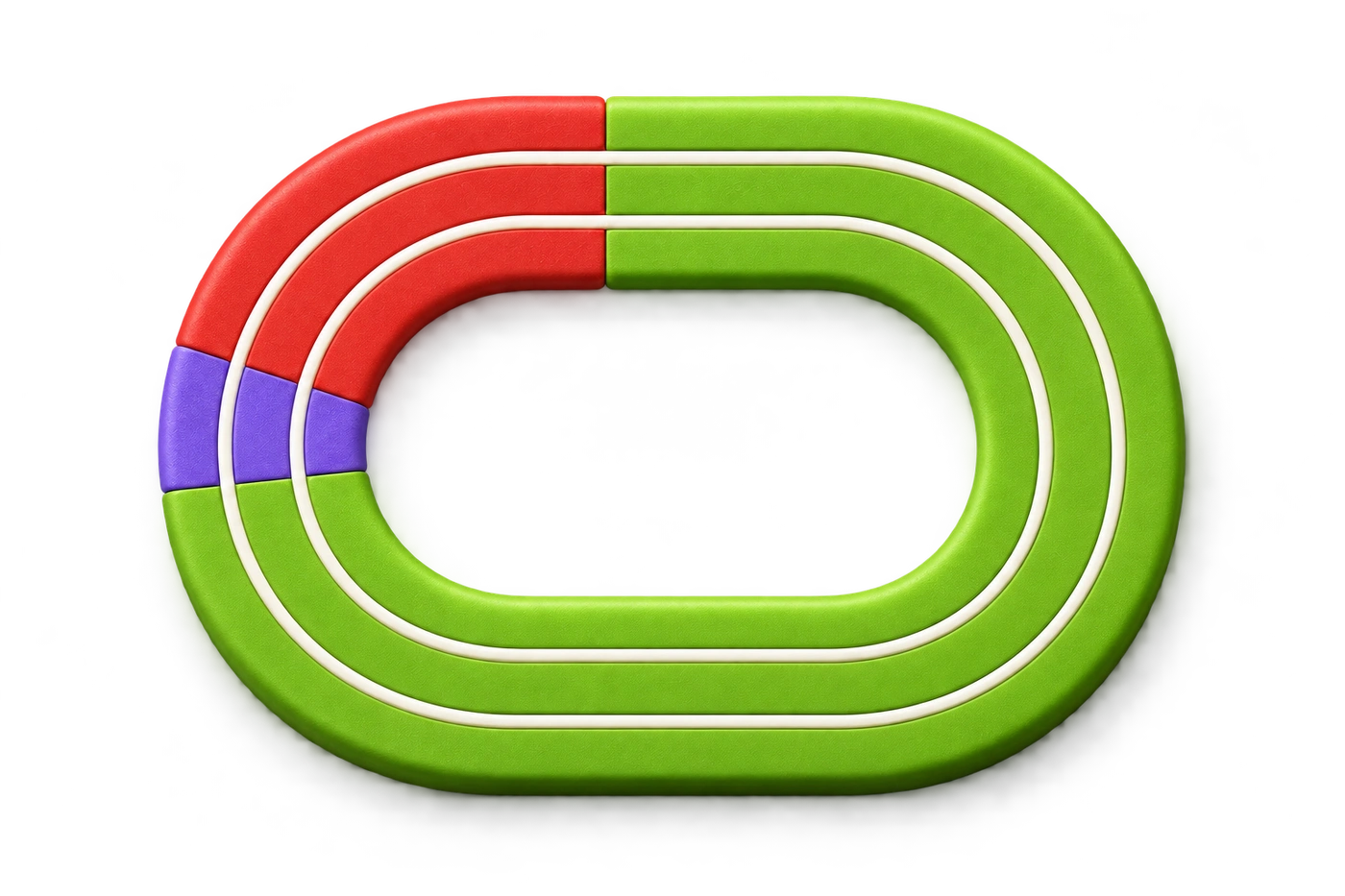 A miniature rubber running track in green, purple, and red