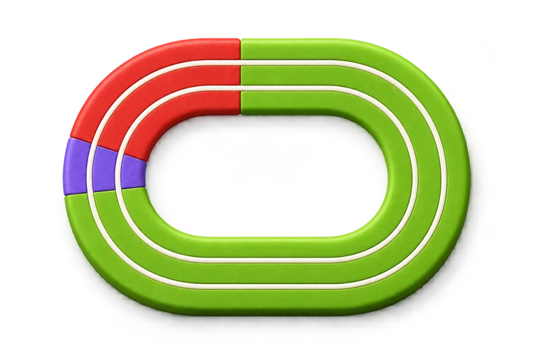 A miniature rubber running track in green, purple, and red